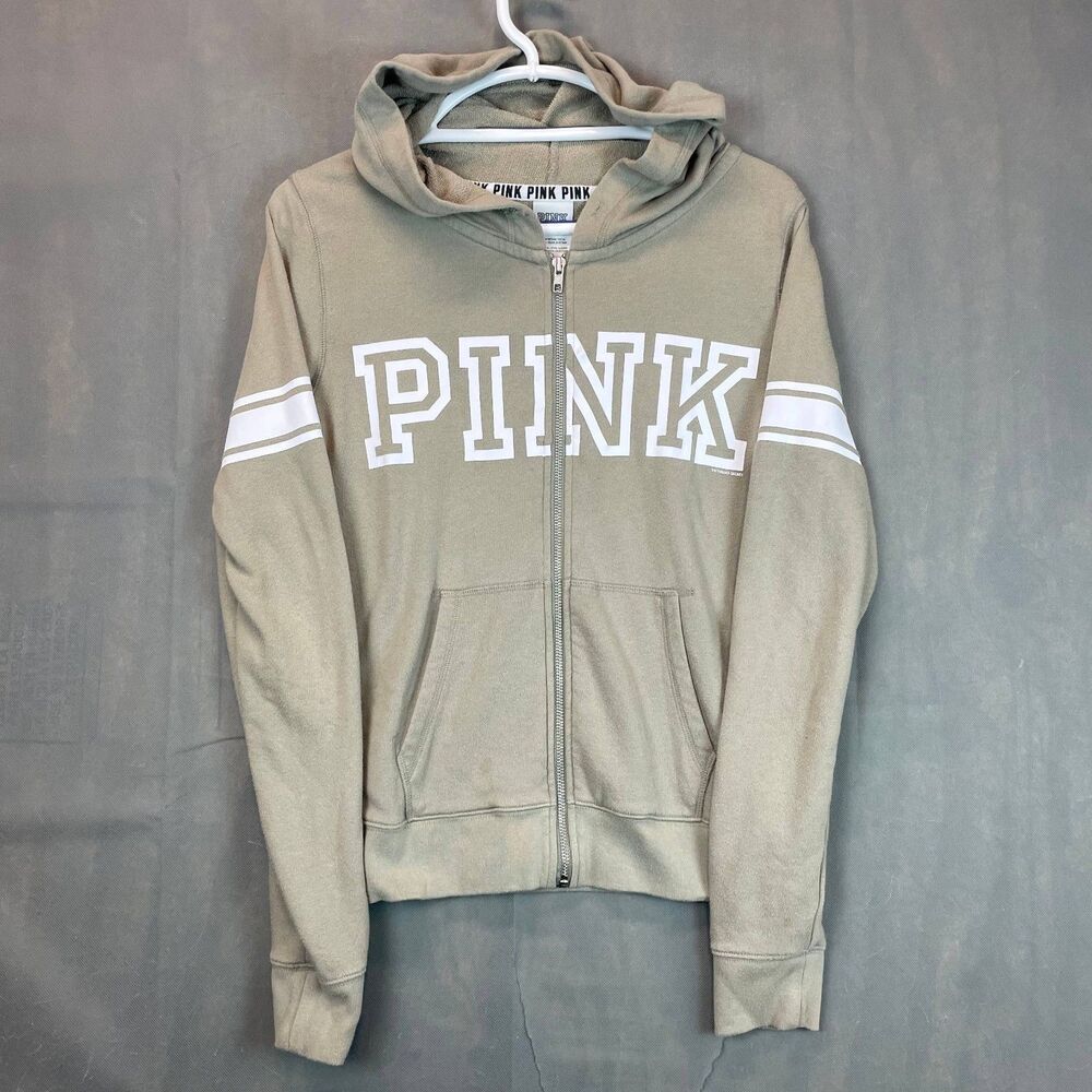 Victoria’s Secret PINK Full Zip Hoodie Women’s M Tan Logo Graphic Cotton Blend